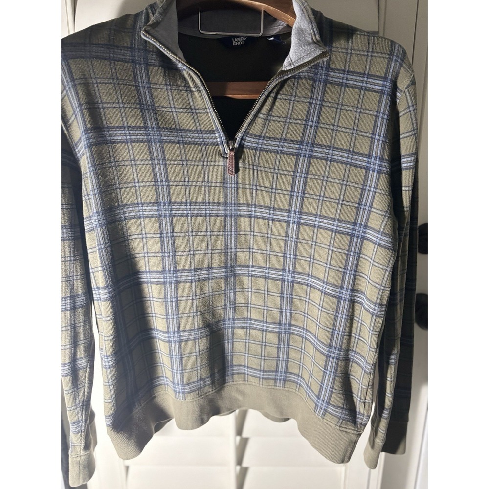 Lands' End Medium Olive Green Plaid 1/4 Zip Bedford Heavyweight Corduroy Rib - Picture 7 of 7